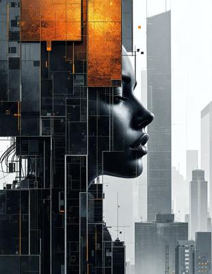 The primary subject of the image is a woman's face, which is the main focus of the scene. The setting is a cityscape, with a large building in the background. The visual style is a combination of digital art and illustration, creating a unique and artistic representation of the woman's face. The colors and mood of the image are predominantly dark, with a hint of orange, giving it a moody and dramatic atmosphere.